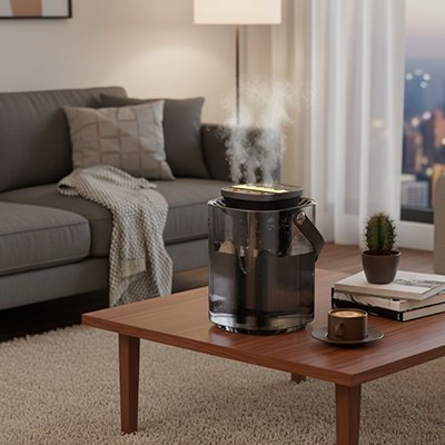 Humidificateur d'air posé sur table basse dans salle de séjour