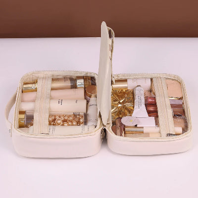 Trousse maquillage - OrganizeBeauty - Rangement innovant - Couleur blanche  - ouverte - remplie de produits 