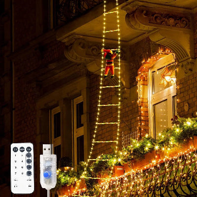 Décoration noël extérieur Féerique lumière chaude père noël escalader balcon maison