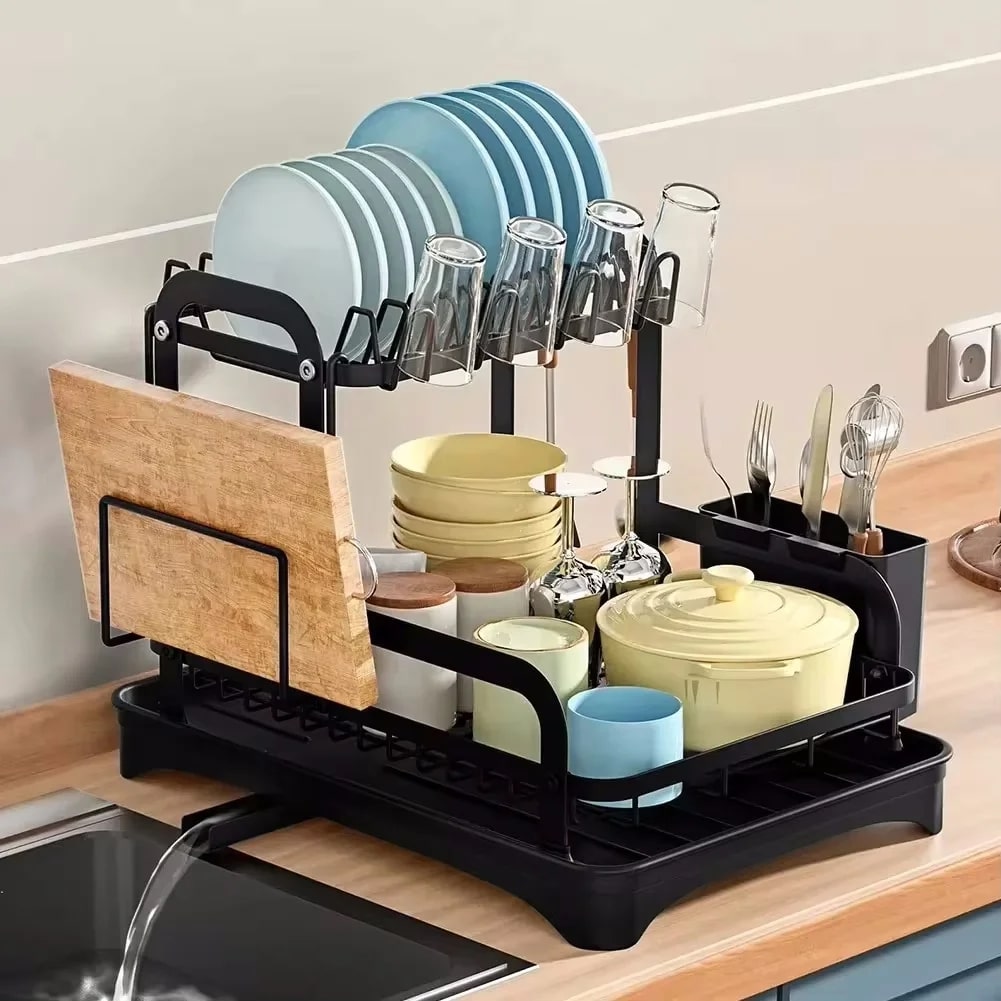 Egouttoir-vaisselle-double-étage-rangement-innovant-évacuation-côté-longueur