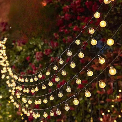 Guirlande solaire Luminéco lumière chaude allumée suspendue dessus rosiers décoration jardin 