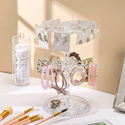 Porte bijoux  Élégant pratique transparent deux niveaux rempli de bijoux posé sur support blanc