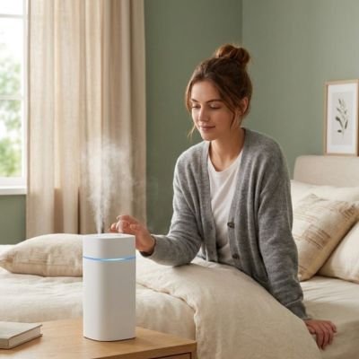 Humidificateur d'air maison blanc utilisation dans la chambre par une jeune utilisatrice