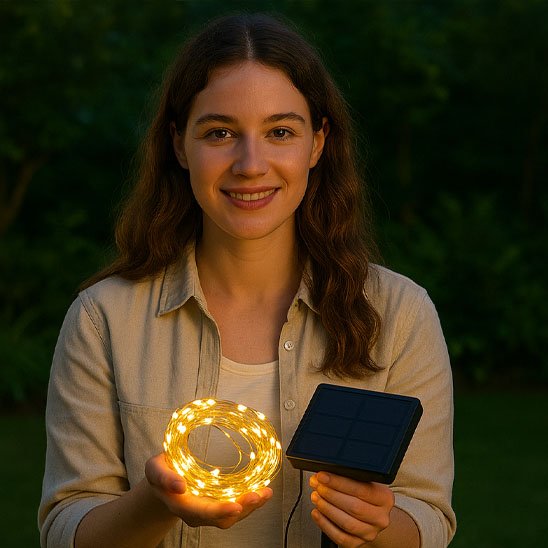 Guirlande solaire Écolight lumière chaude décoration montrée par jeune femme