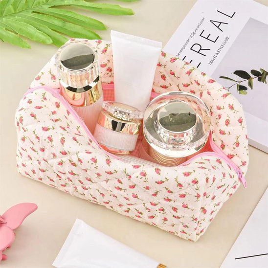 Trousse maquillage - fleurie Vintage - rangement innovant - rose - ouverte et remplie de produits