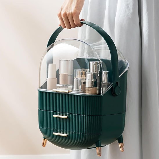 organisateur de maquillage vert porté avec poignée rangement innovant