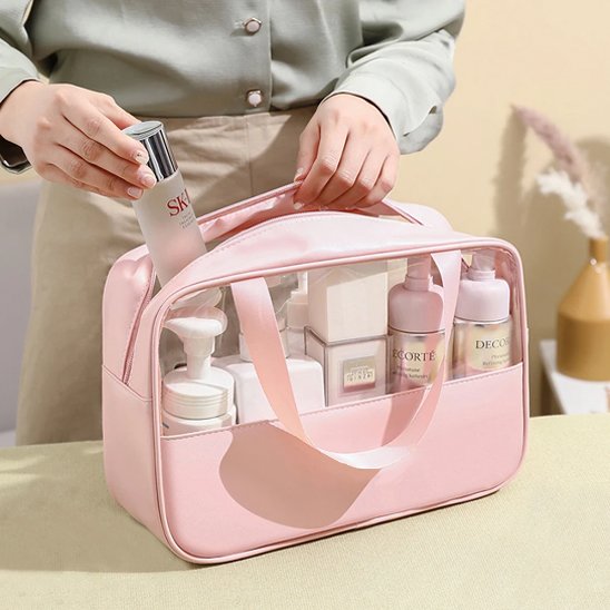 Trousse de toilette - Transparente Voyage - rose - ouverte - Rangement innovant