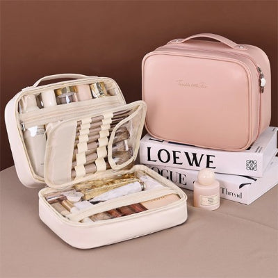 Trousse maquillage - OrganizeBeauty - Rangement innovant - Couleur blanche et rose  - remplissant de produits