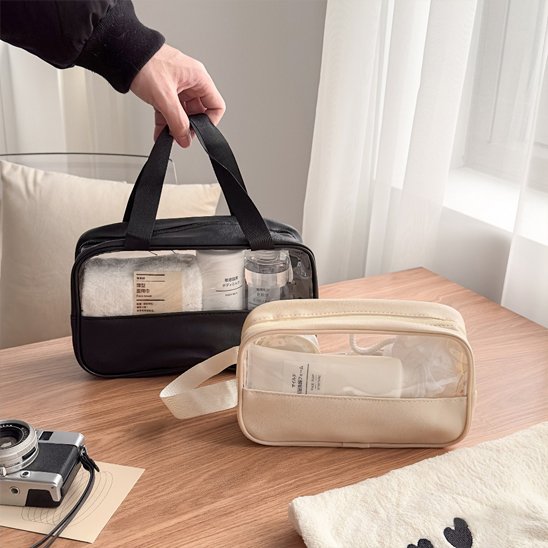 Trousse de toilette - Transparente Voyage - rose et noir - ouvertes - Rangement innovant