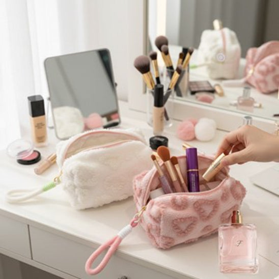 Trousse maquillage - Élégance Nori - blanc et rose foncé - devant miroir sur maquilleuse - rangement innovant