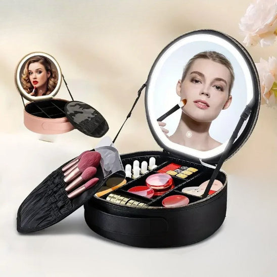 trousse de maquillage led nori rose plusieurs ouvertes  remplies produits cosmétiques