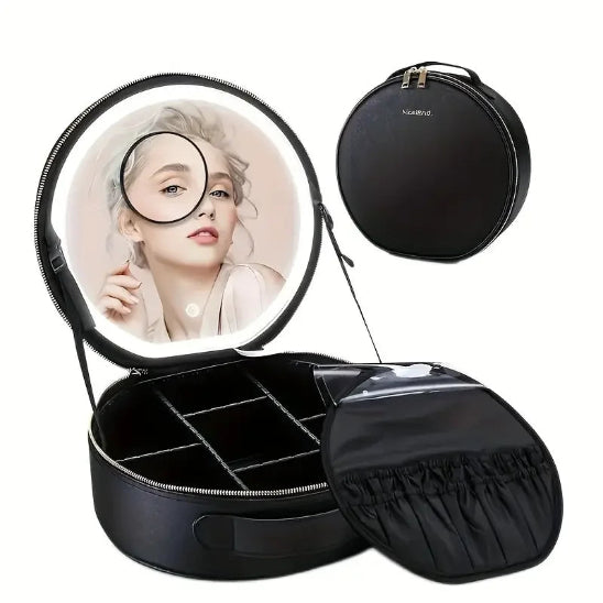 trousse de maquillage led nori noir ouverte  avec visage jeune femme dans miroir