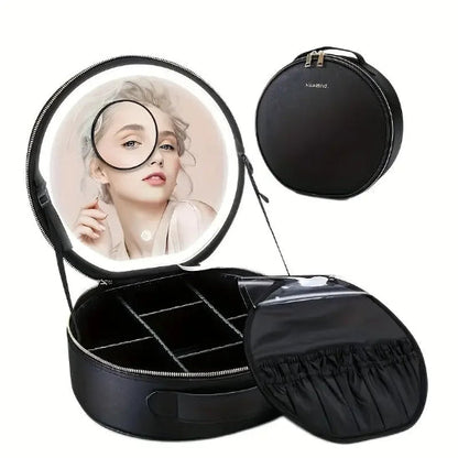 trousse de maquillage led nori noir ouverte  avec visage jeune femme dans miroir
